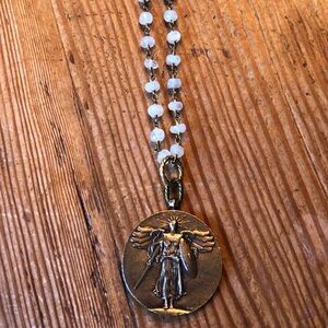 WW1 Winged Victory Medallion Pendant on Wire Wrapped Rainbow Moonstone Necklace